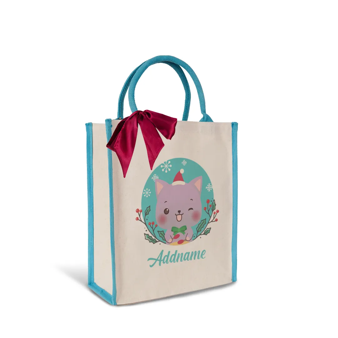 Christmas Cute Animal Series Cute Cat Light Blue Colour Lining Canvas Bag