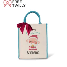 Christmas Cute Animal Series Merry Christmas Santa Light Blue Colour Lining Canvas Bag