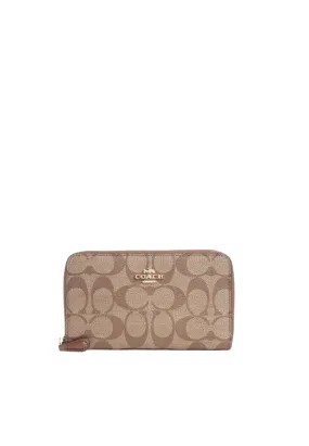 Coach Signature Medium Wallet ID Zip In Khaki Saddle Multi 88913