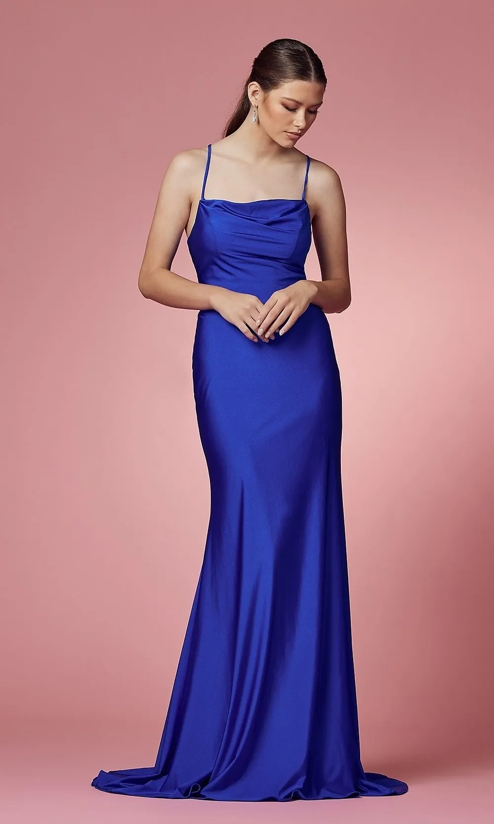 Cowl-Neck Long Prom Dress with Strappy Open Back