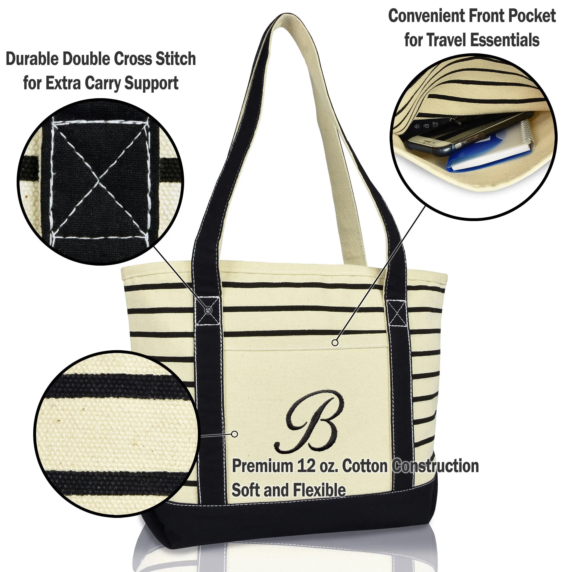 Dalix Striped B-Initial Tote Bag Womens Ballent Letter B