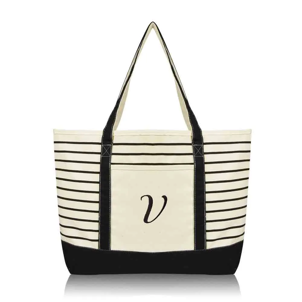 Dalix  Striped V-Initial Tote Bag Womens Ballent Letter V