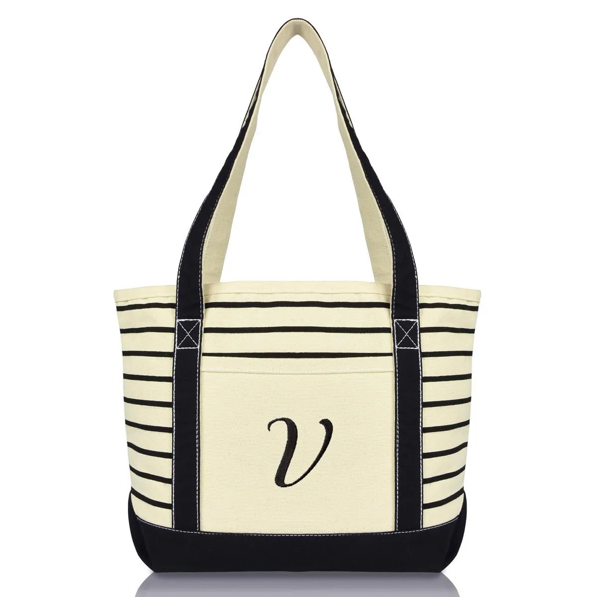 Dalix  Striped V-Initial Tote Bag Womens Ballent Letter V