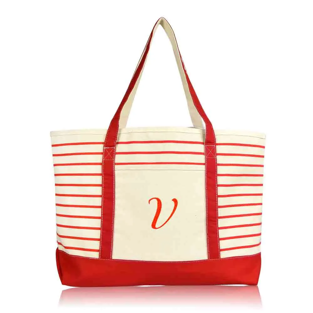 Dalix  Striped V-Initial Tote Bag Womens Ballent Letter V