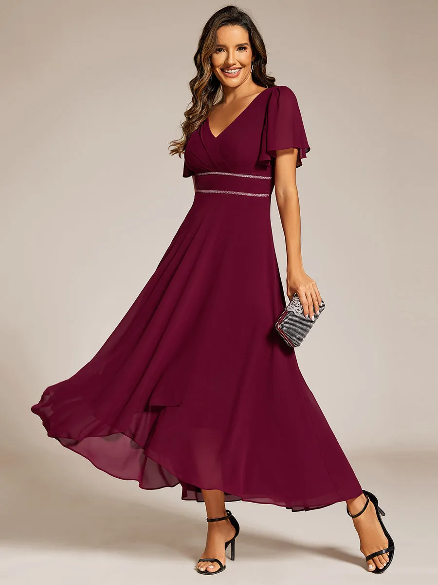 Elegant Embroidery Deep V-Neck Ruffles Short Sleeves Tulle Dresses with Lining