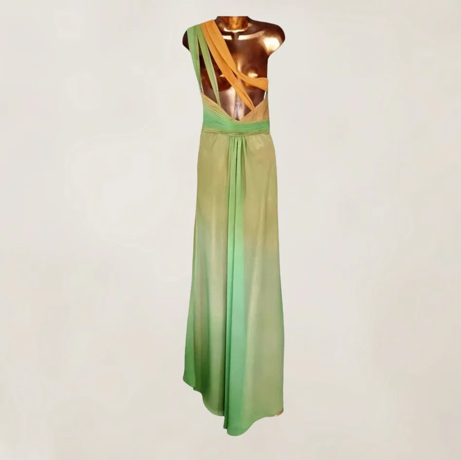 Faviana Couture Peach & Green Fish Tail Maxi Dress UK 6 US 2 EU 34 IT 38