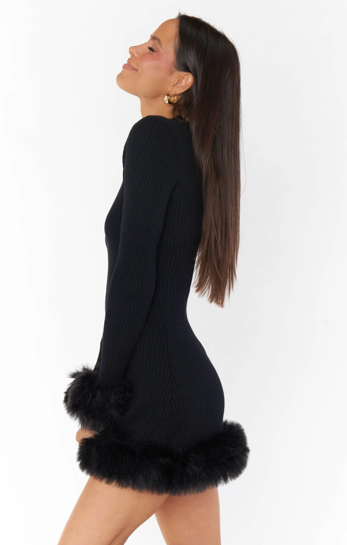 Fran Mini Dress | Black Knit w/Faux Fur