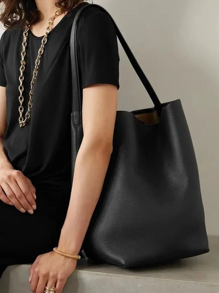 Genuine Leather Bucket Bag - High-Quality Cow Leather Shoulder Handbag