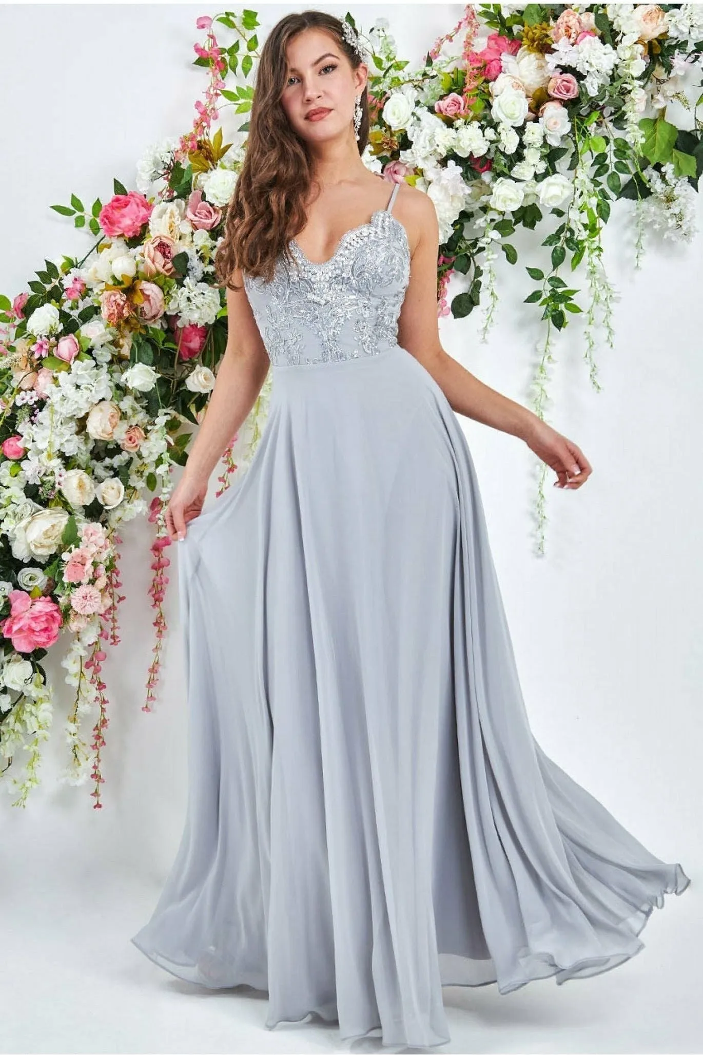 Goddiva Scallop Lace Chiffon Maxi - Grey