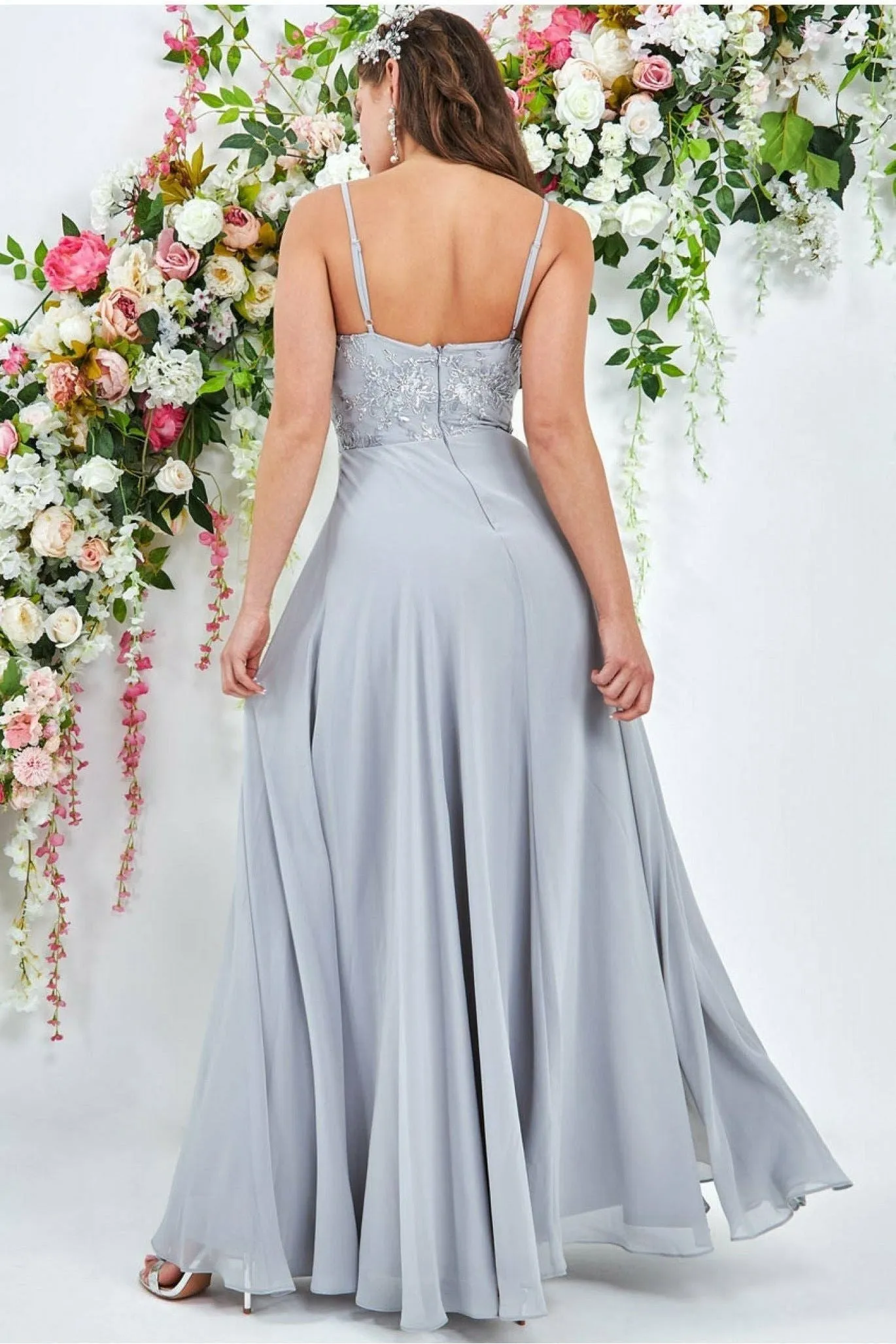 Goddiva Scallop Lace Chiffon Maxi - Grey