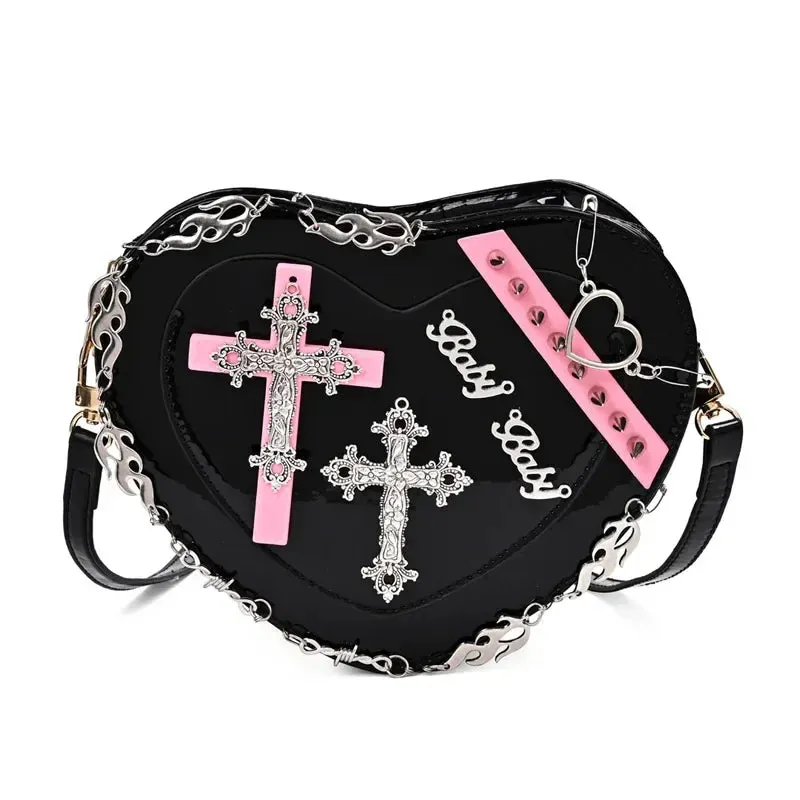 Gothic Heart-Shaped Leather Crossbody Shoulder Bag