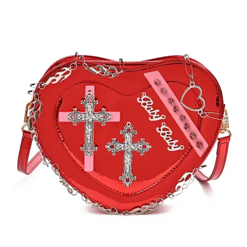 Gothic Heart-Shaped Leather Crossbody Shoulder Bag