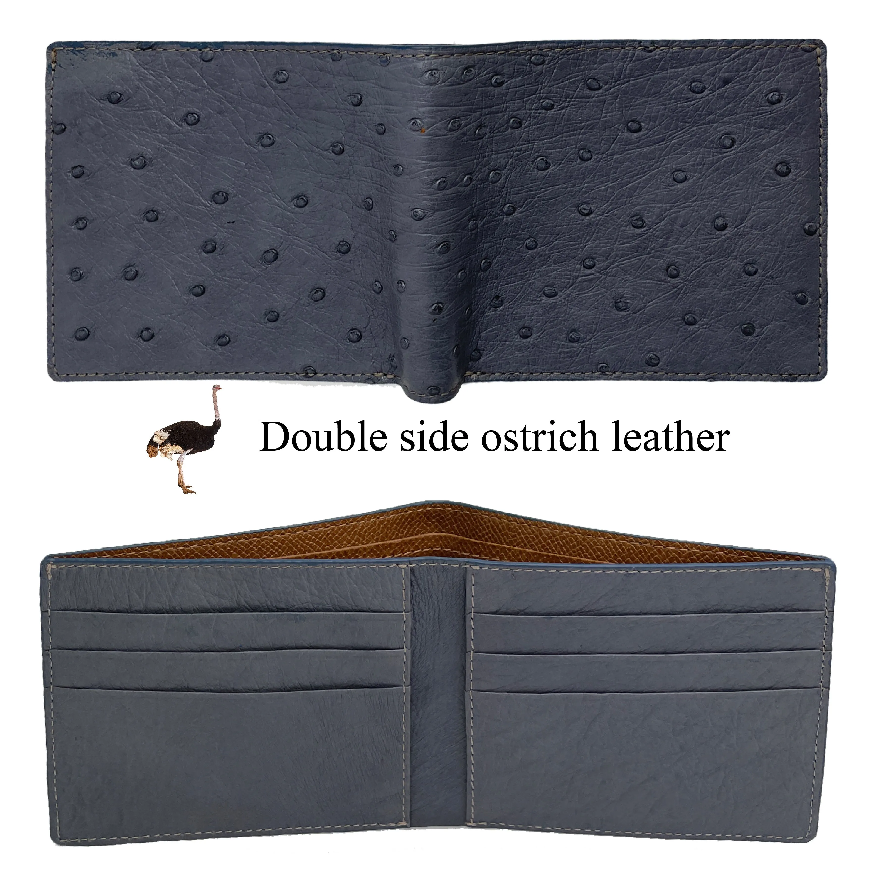 Grey Handmade Double Side Ostrich Leather Bifold Wallet for Men | VINAMOS-00