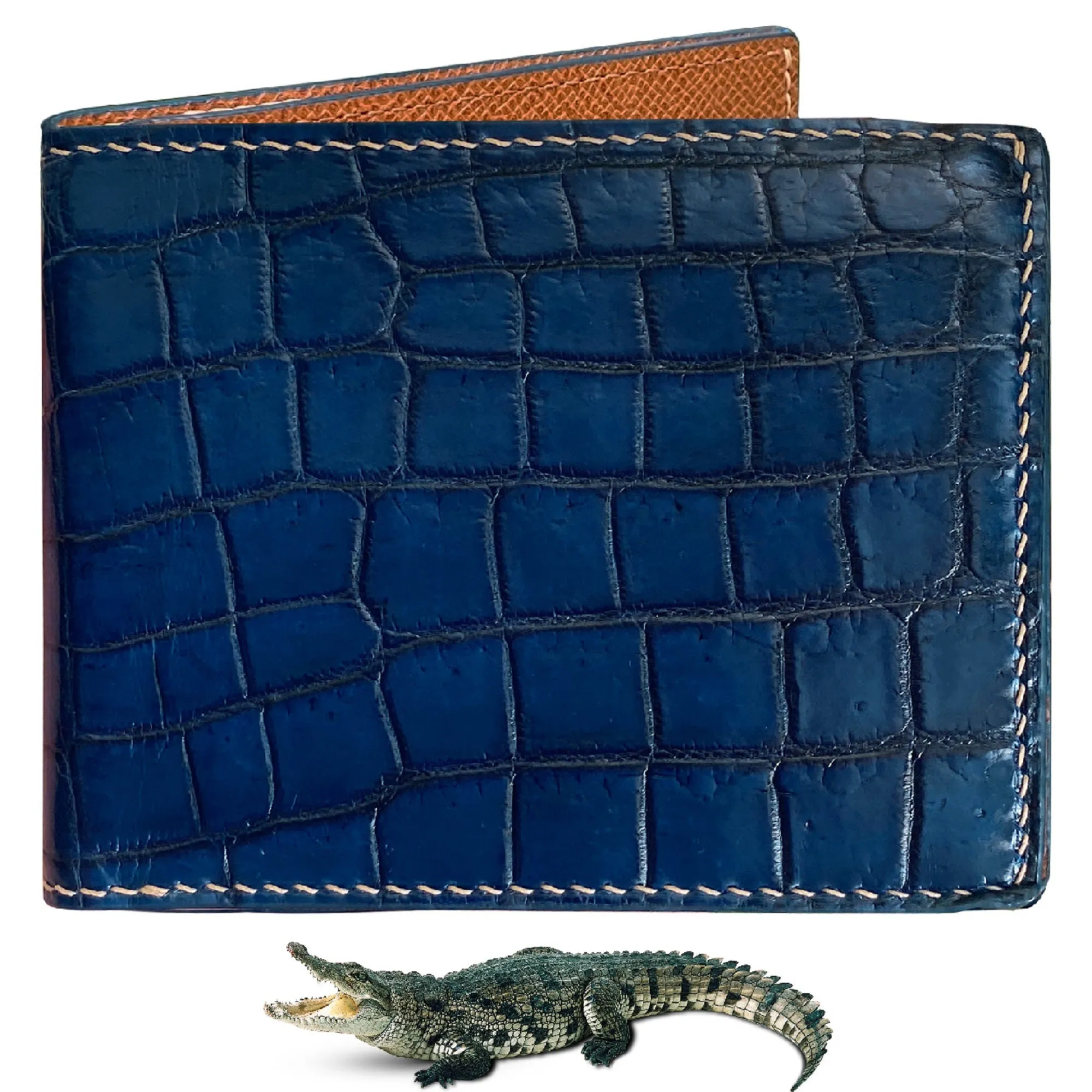 Handmade Navy Blue Alligator Bifold Wallet RFID Blocking Hand Stitching | VINAM-88