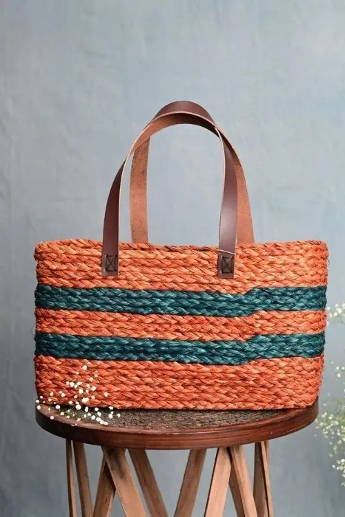 Handmade Sabai Grass Shopping Bag - Orange & Indigo