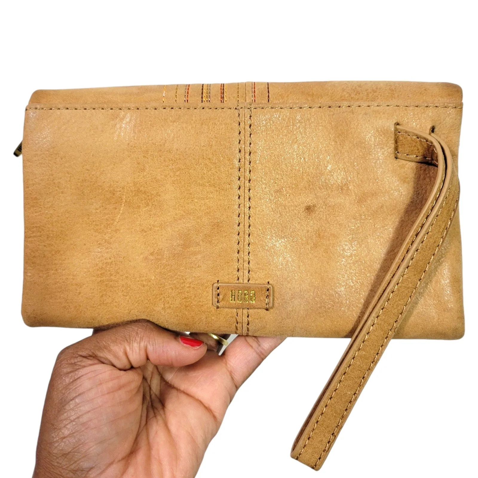 Hobo Keen Continental Wallet Tan Whiskey Linear Stitch Wristlet Trifold Buffed Leather Clutch Wristlet