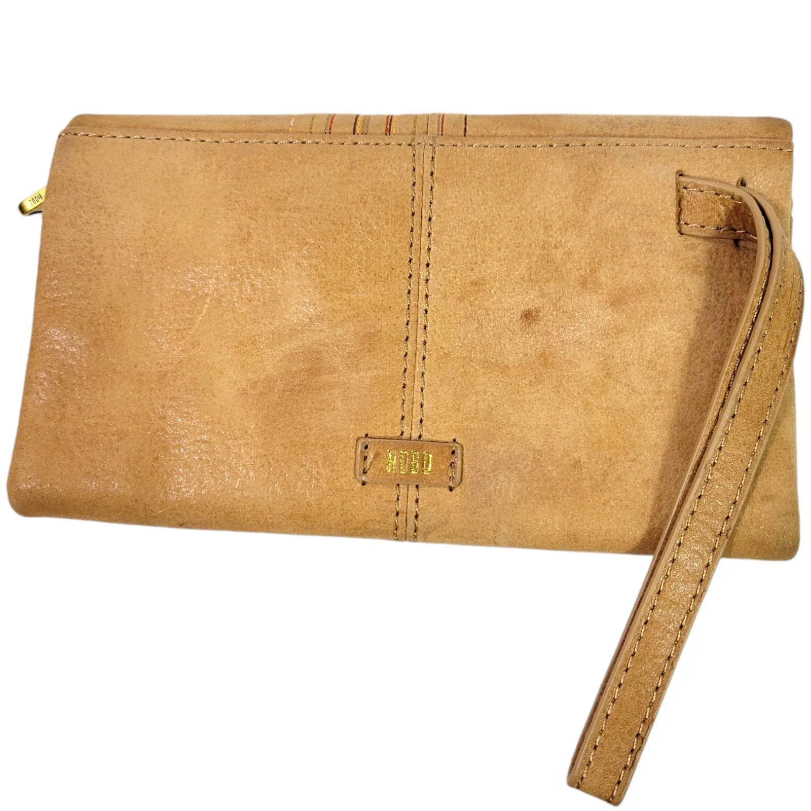 Hobo Keen Continental Wallet Tan Whiskey Linear Stitch Wristlet Trifold Buffed Leather Clutch Wristlet