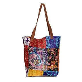 IndiWeaves Womens Silk Kantha Work Leather Handle Handmade Tote Bag, Top Handle Shoulder Bag -Yellow/Red/Blue