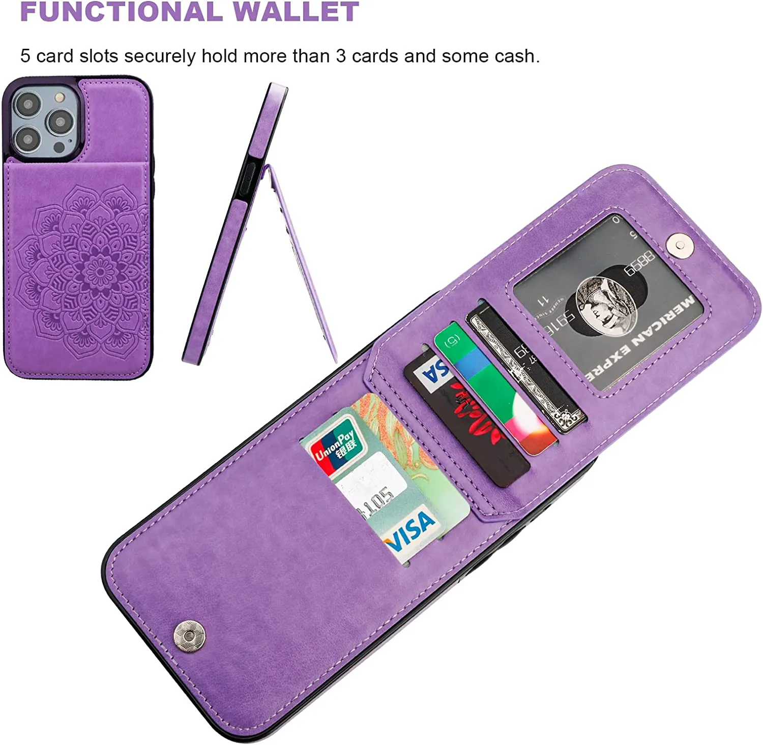 iPhone 14 Pro Max Wallet Case Embossed Mandala Floral Pattern Premium Purple