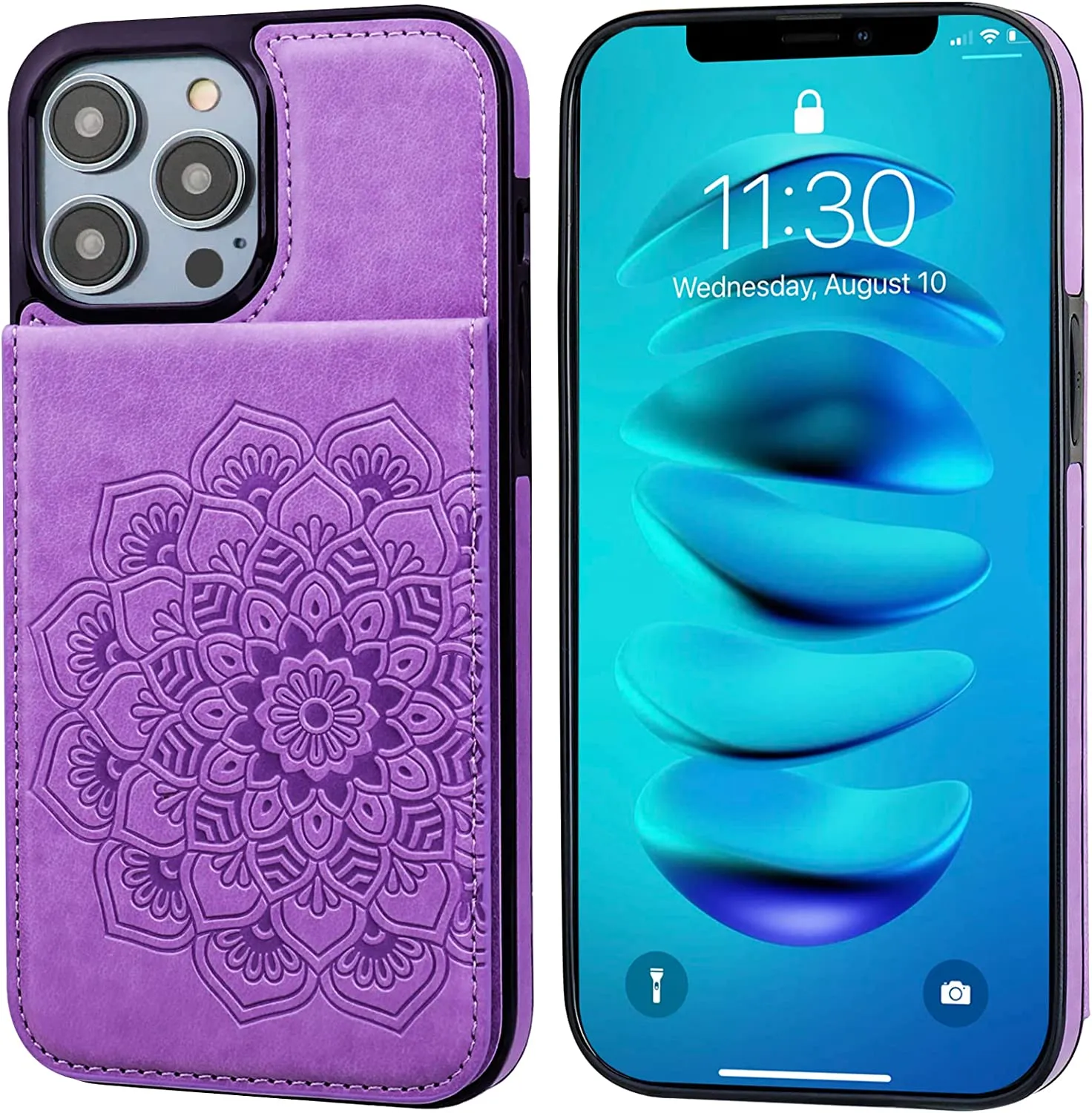 iPhone 14 Pro Max Wallet Case Embossed Mandala Floral Pattern Premium Purple