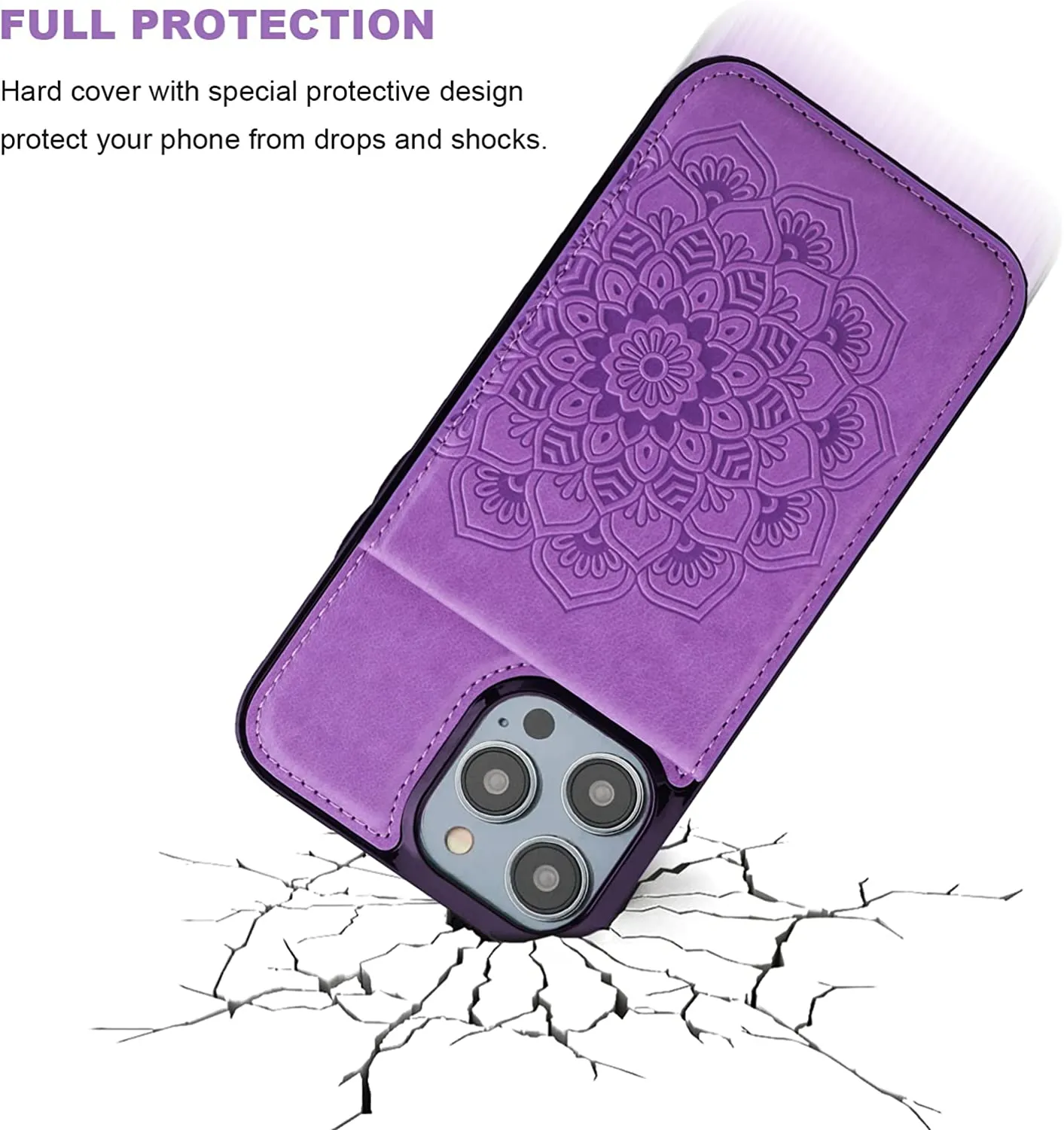 iPhone 14 Pro Max Wallet Case Embossed Mandala Floral Pattern Premium Purple