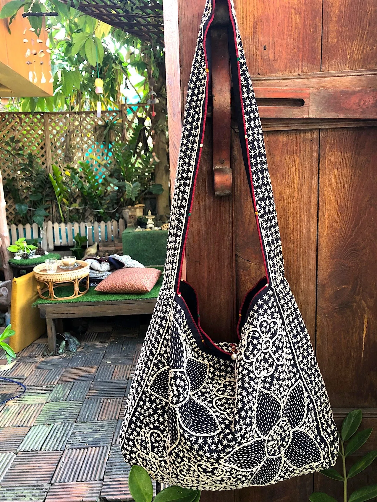 Large Hand Embroidered Indigo Tote Bag - Flower