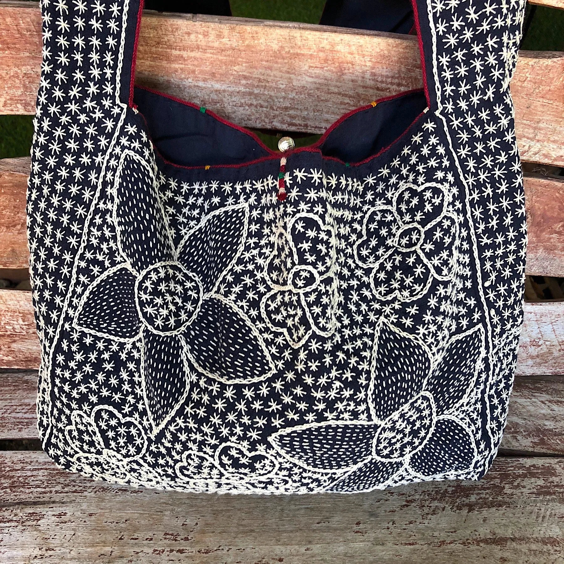 Large Hand Embroidered Indigo Tote Bag - Flower