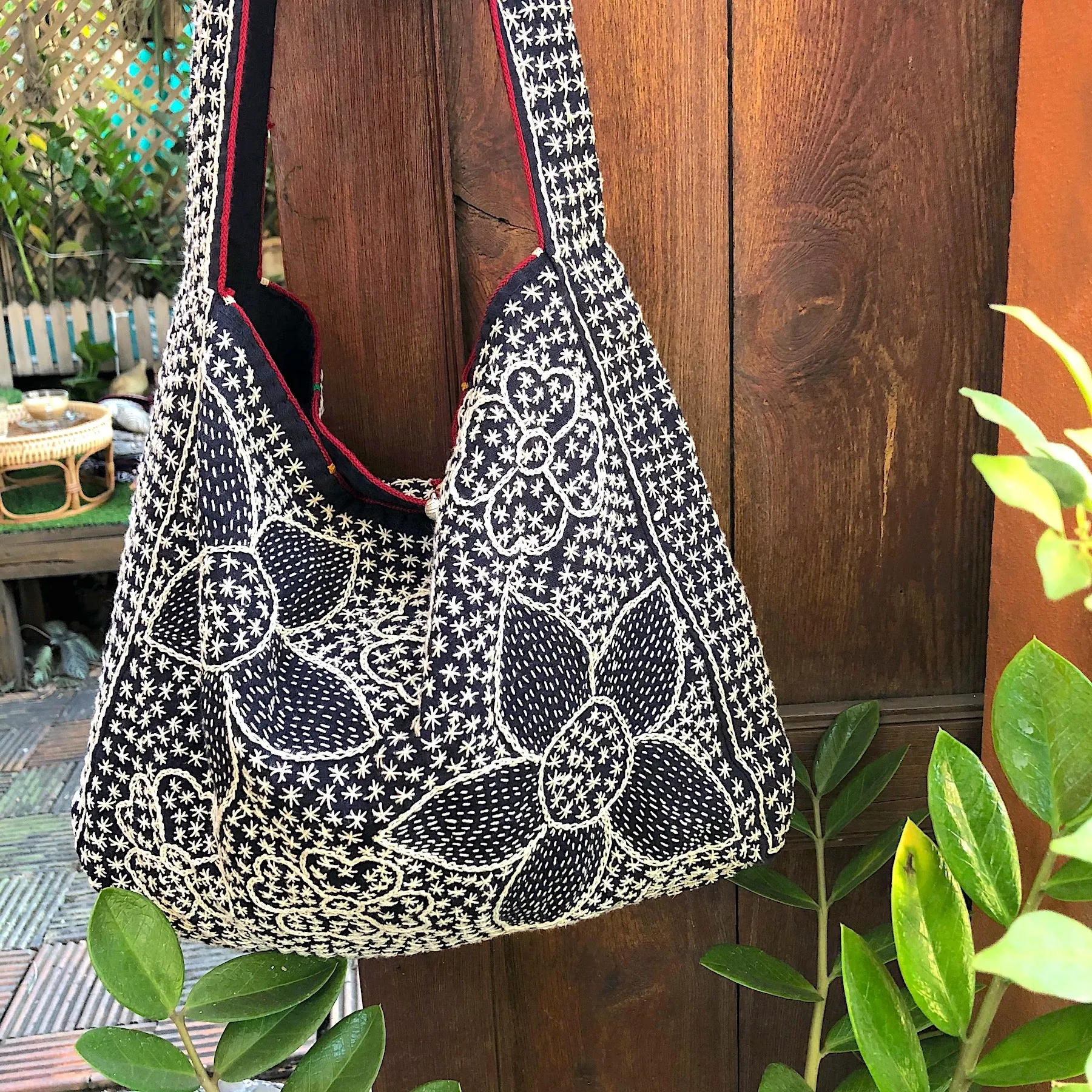 Large Hand Embroidered Indigo Tote Bag - Flower