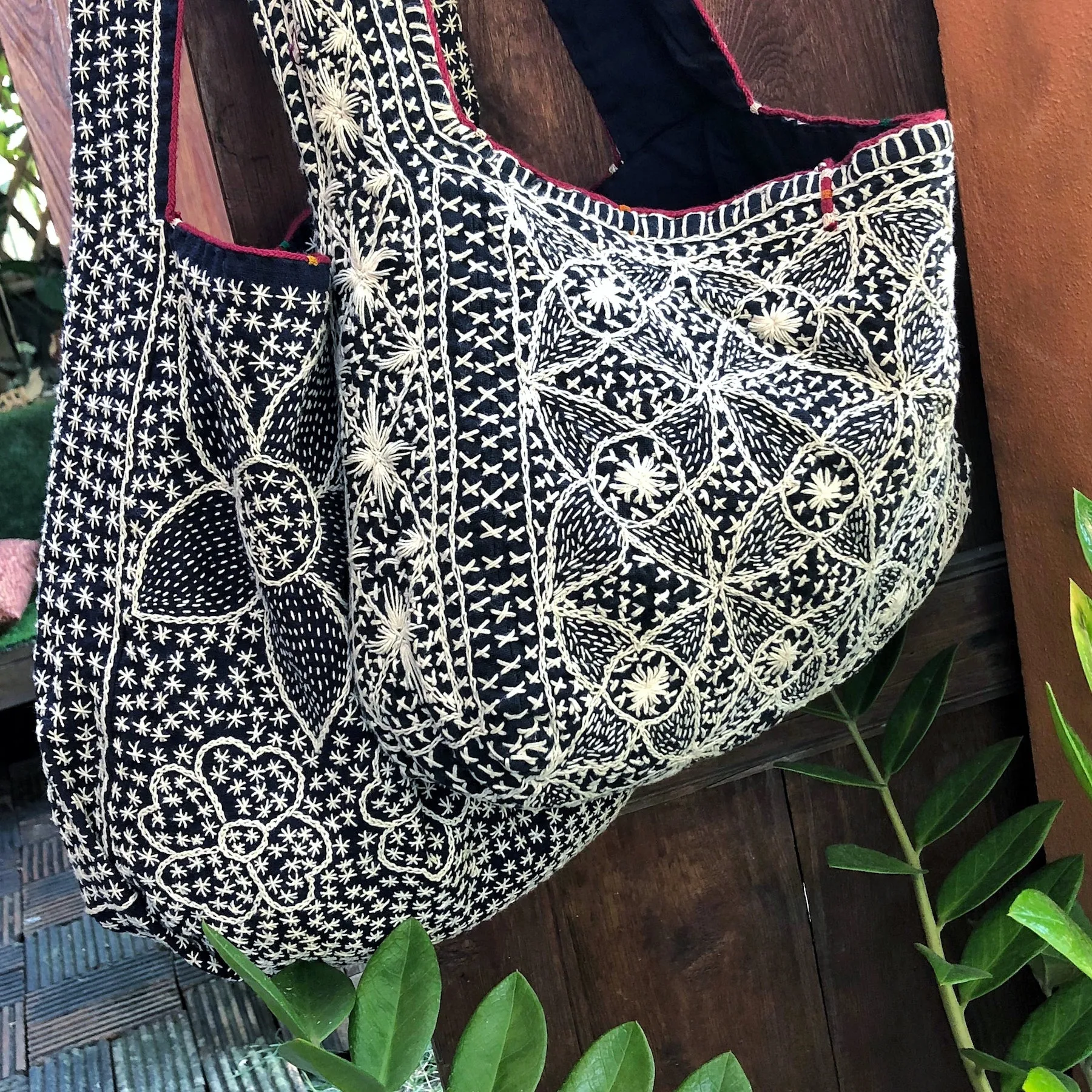 Large Hand Embroidered Indigo Tote Bag - Flower