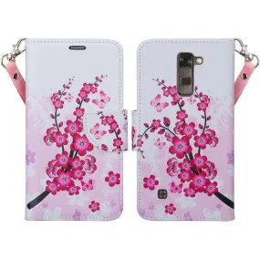 LG Stylo 2 Case, LG Stylo 2 V Wallet Case [Kickstand] Pu Leather Wrist Strap Wallet Case w/ ID & Card Slots & Pocket - Cherry Blossom