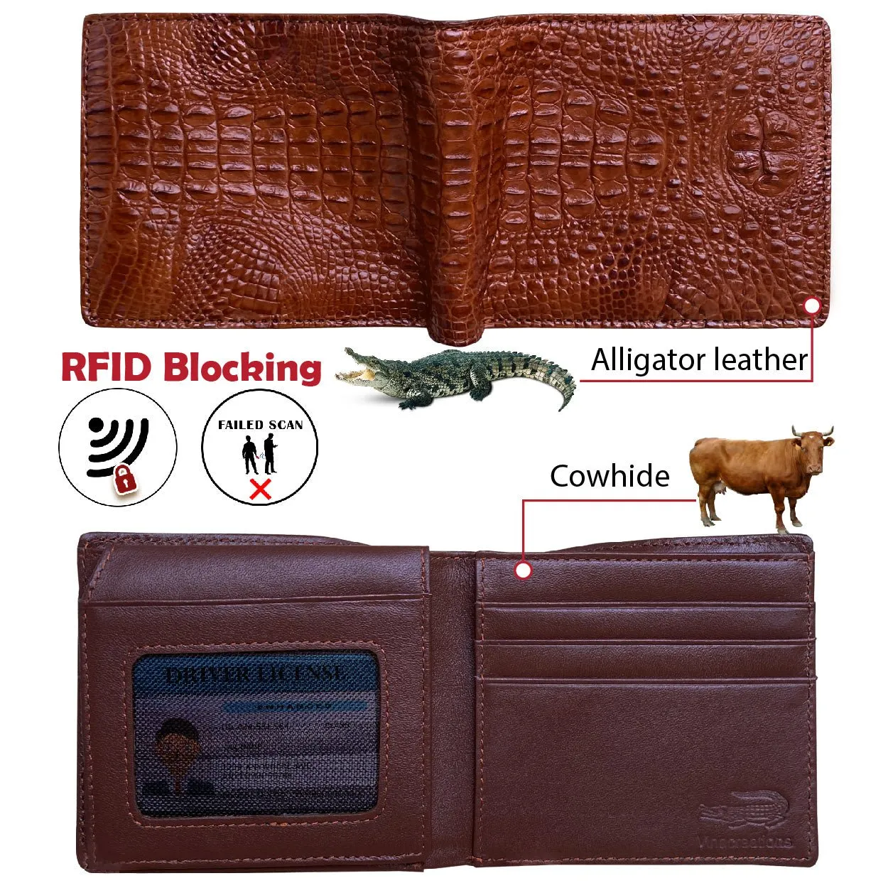 Light Brown Alligator Hornback Bifold Wallet RFID Blocking | VINAM-41