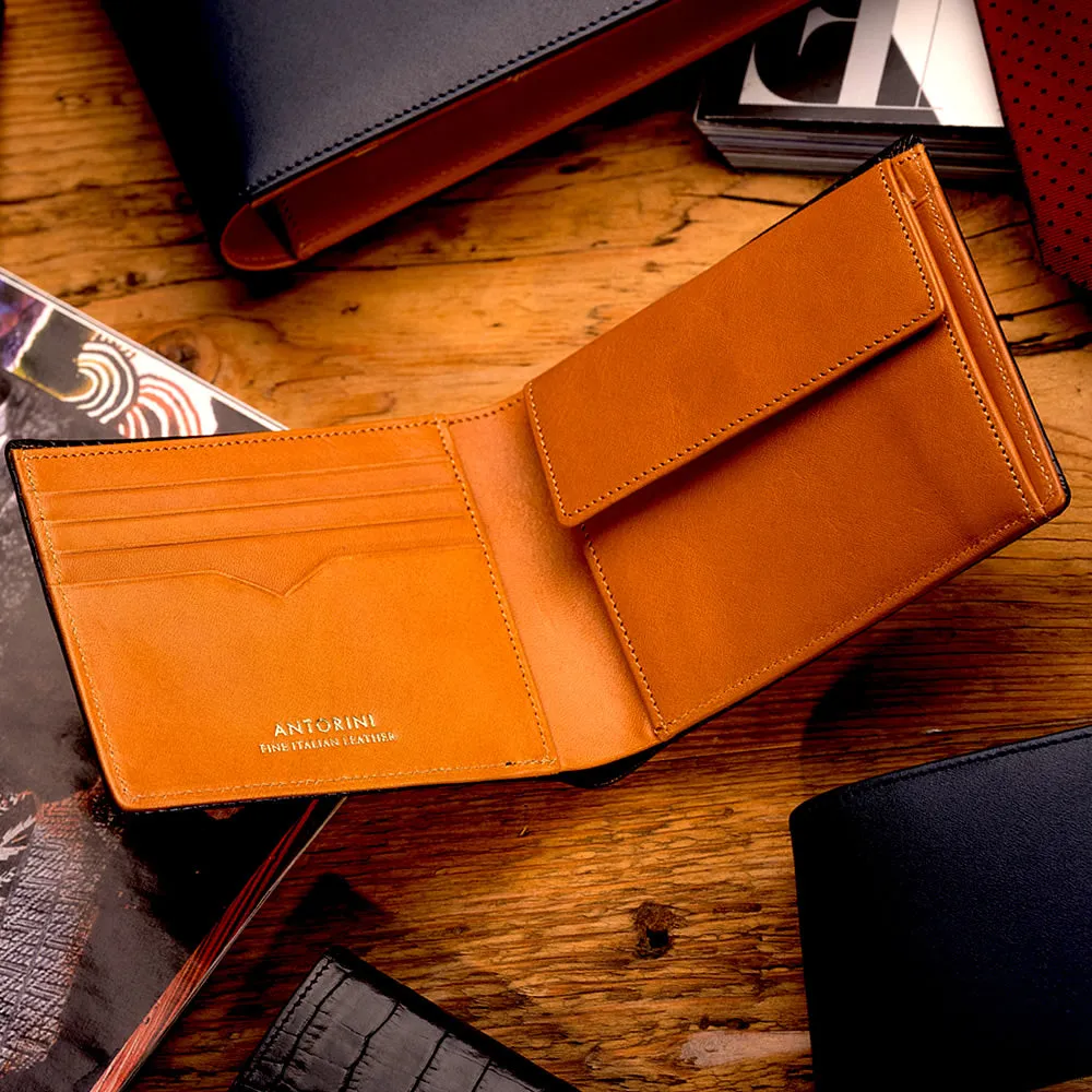 Men's Wallet ANTORINI in Black and Cognac, 4cc With Coin Pocket