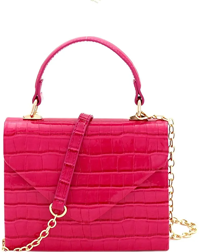 Mini Retro Glossy Crocodile Pink Box Flap leather Satchel Crossbody Handbag