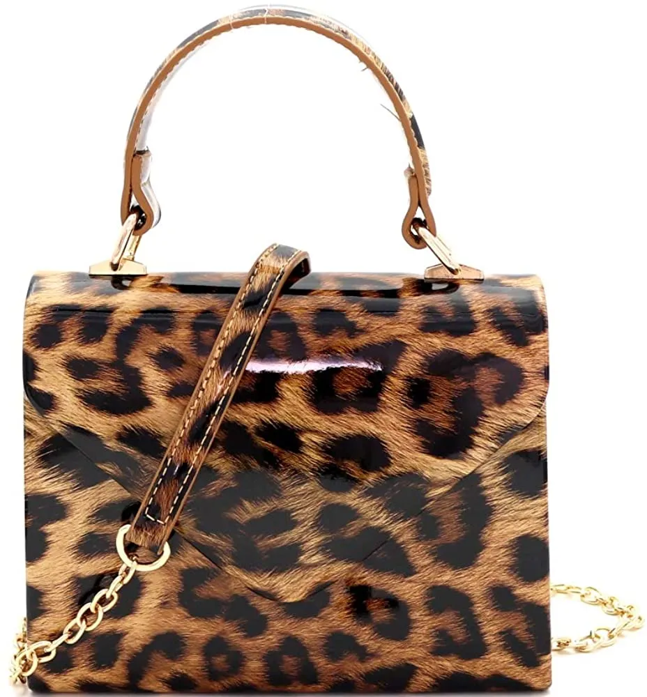 Mini Retro Leopard Print Box Flap Leather Satchel Crossbody Handbag