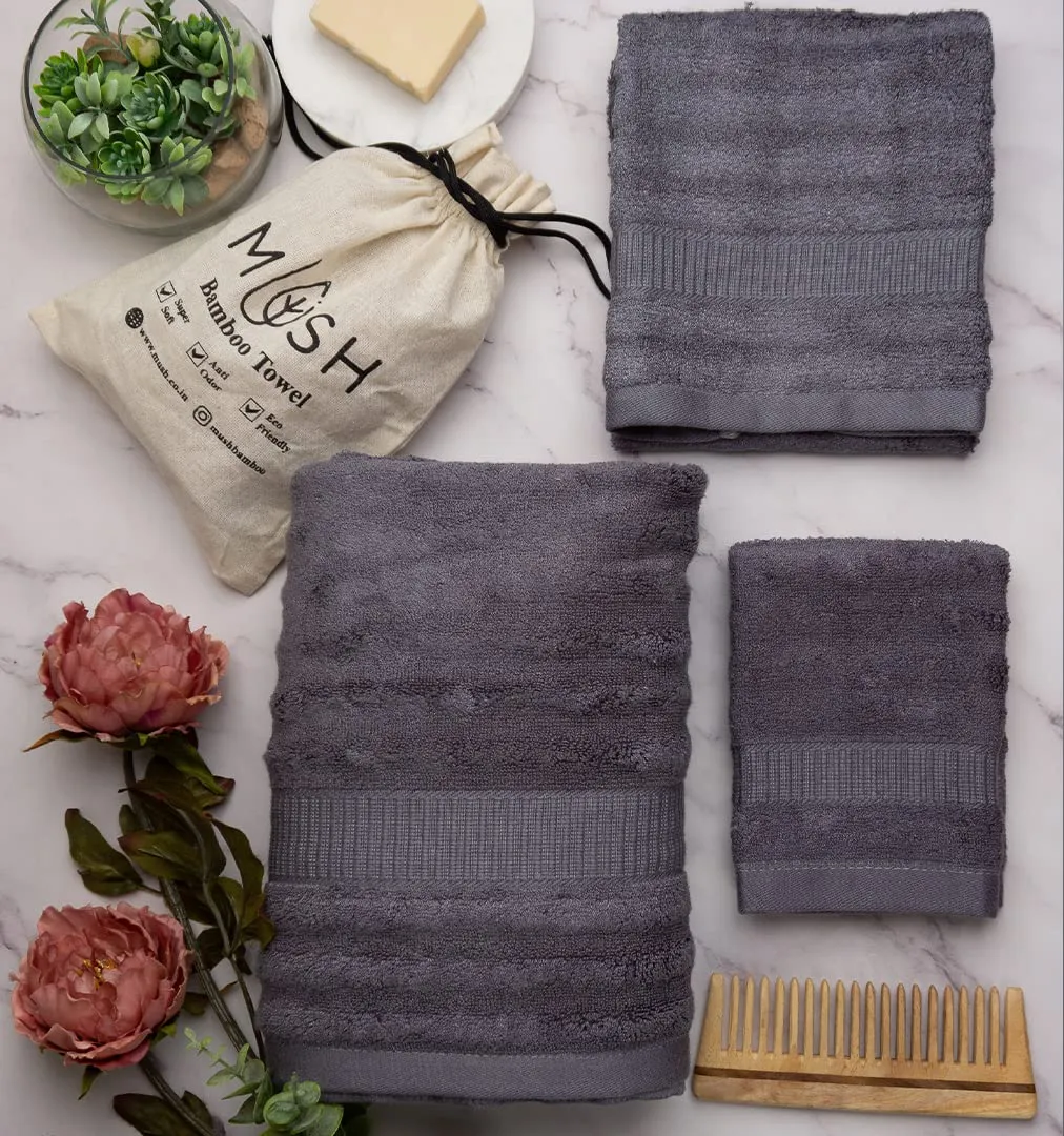 Mush Bamboo Towels Set | Ultra Soft, Absorbent and Antimicrobial 600 GSM (2 Bath Towel, 2 Hand Towel and 2 Face Towel) Perfect for Daily Use and Gifting (Navy & Grey)