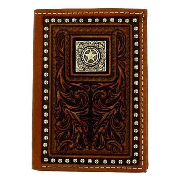 Nocona Brown Floral Tooled with Concho and Studded Edge Tri-fold Wallet N5410502