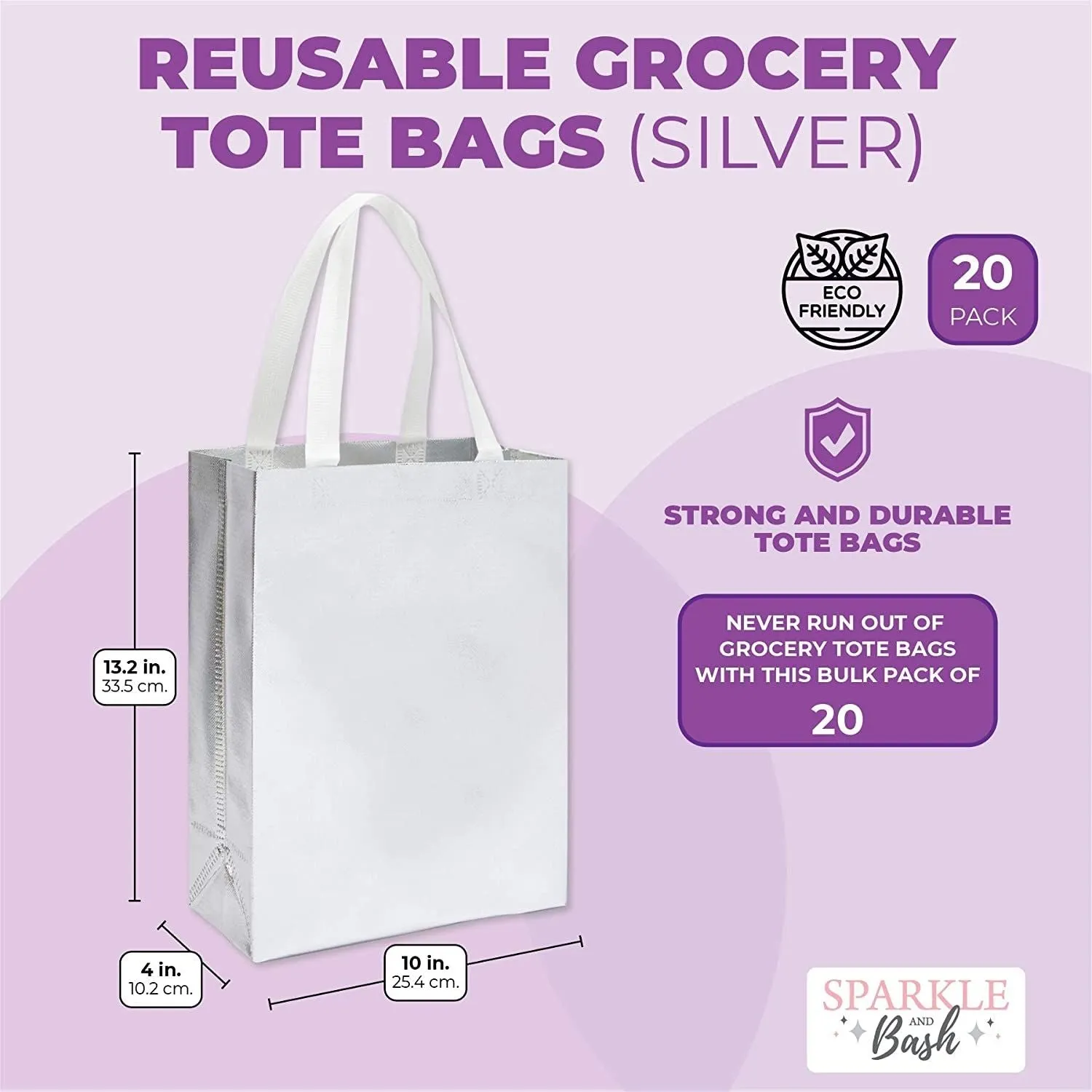 Reusable Grocery Tote Bag for Shopping (Large, Silver, 20 Pack)