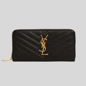 SAINT LAURENT YSL Cassandre Matelasse Zip Around Wallet In Grain De Poudre Embossed Leather Black 358094BOW01