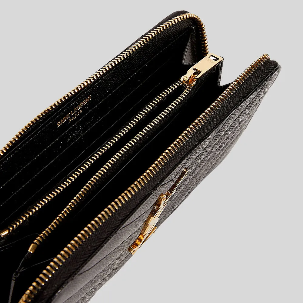 SAINT LAURENT YSL Cassandre Matelasse Zip Around Wallet In Grain De Poudre Embossed Leather Black 358094BOW01