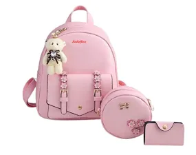 SaleBox® Fashion Girls 3-PCS Fashion Cute Stylish Leather Backpack & Pouch Set for Women School & College Girls