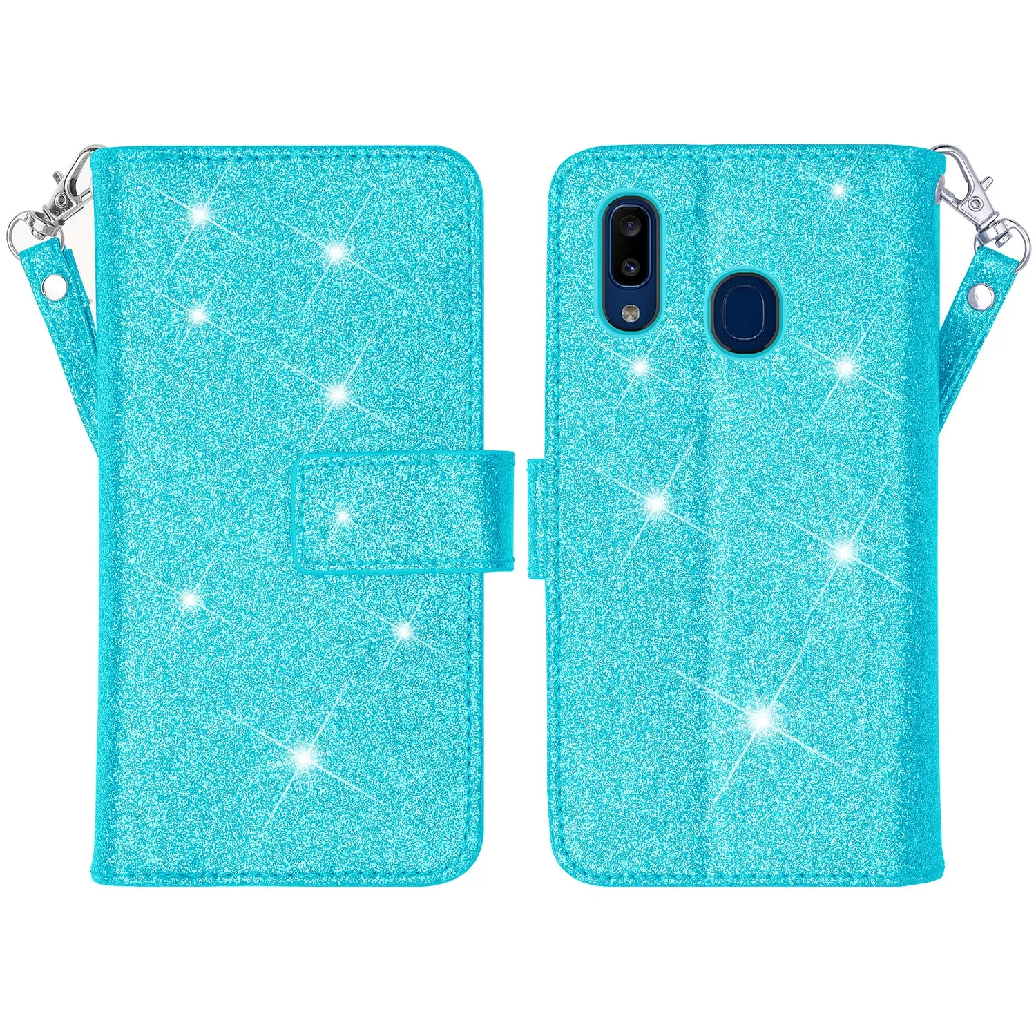 Samsung Galaxy A20 Case, Galaxy A20 Case, Glitter Faux Leather Flip Credit Card Holder Wrist Strap Shockproof Protective Wallet Case Clutch for Galaxy A20 - Teal