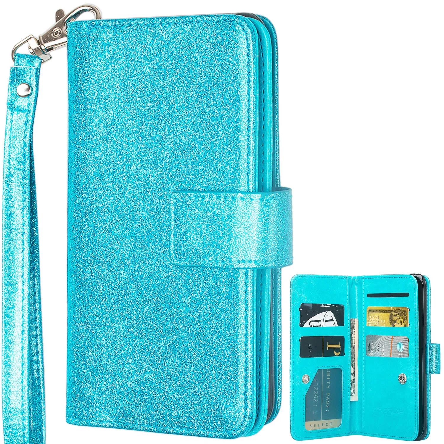 Samsung Galaxy A20 Case, Galaxy A20 Case, Glitter Faux Leather Flip Credit Card Holder Wrist Strap Shockproof Protective Wallet Case Clutch for Galaxy A20 - Teal