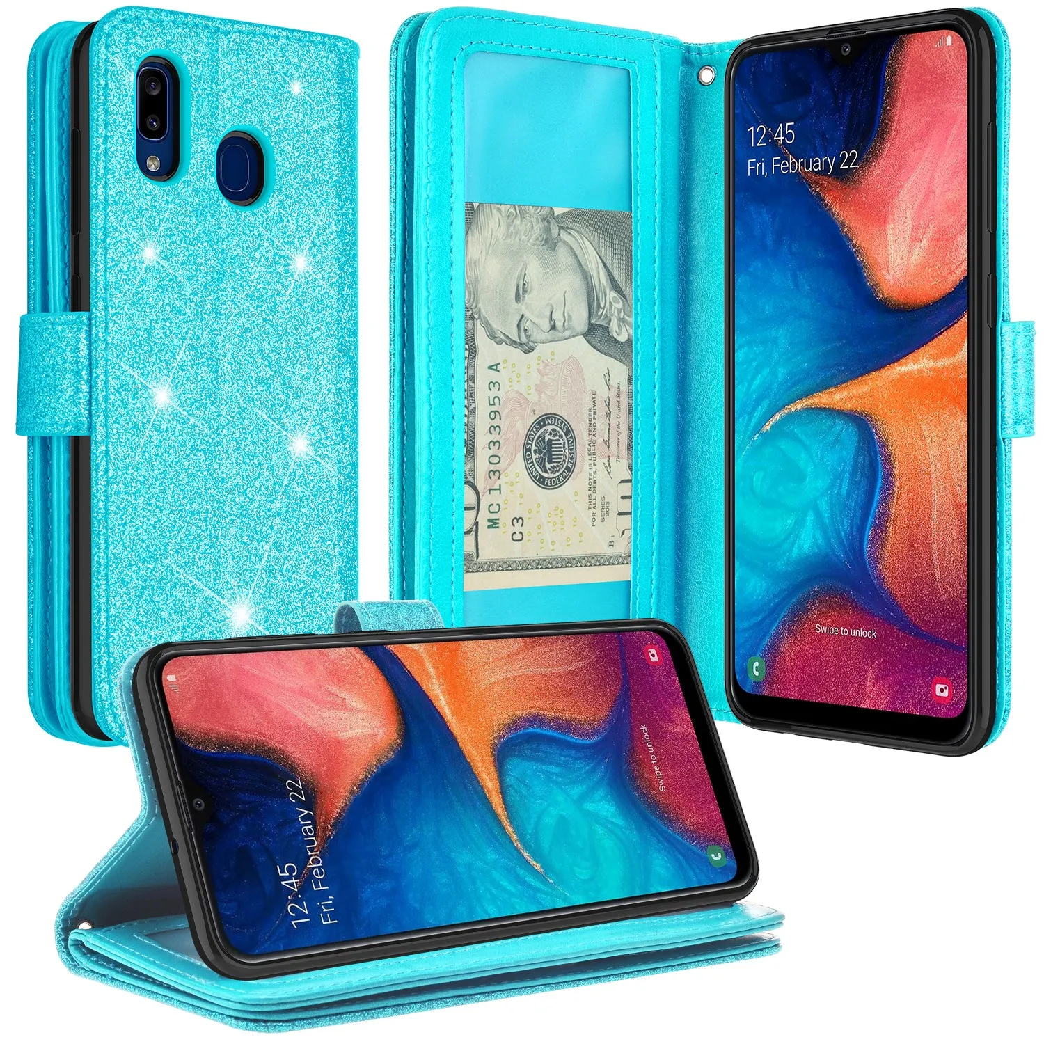 Samsung Galaxy A20 Case, Galaxy A20 Case, Glitter Faux Leather Flip Credit Card Holder Wrist Strap Shockproof Protective Wallet Case Clutch for Galaxy A20 - Teal