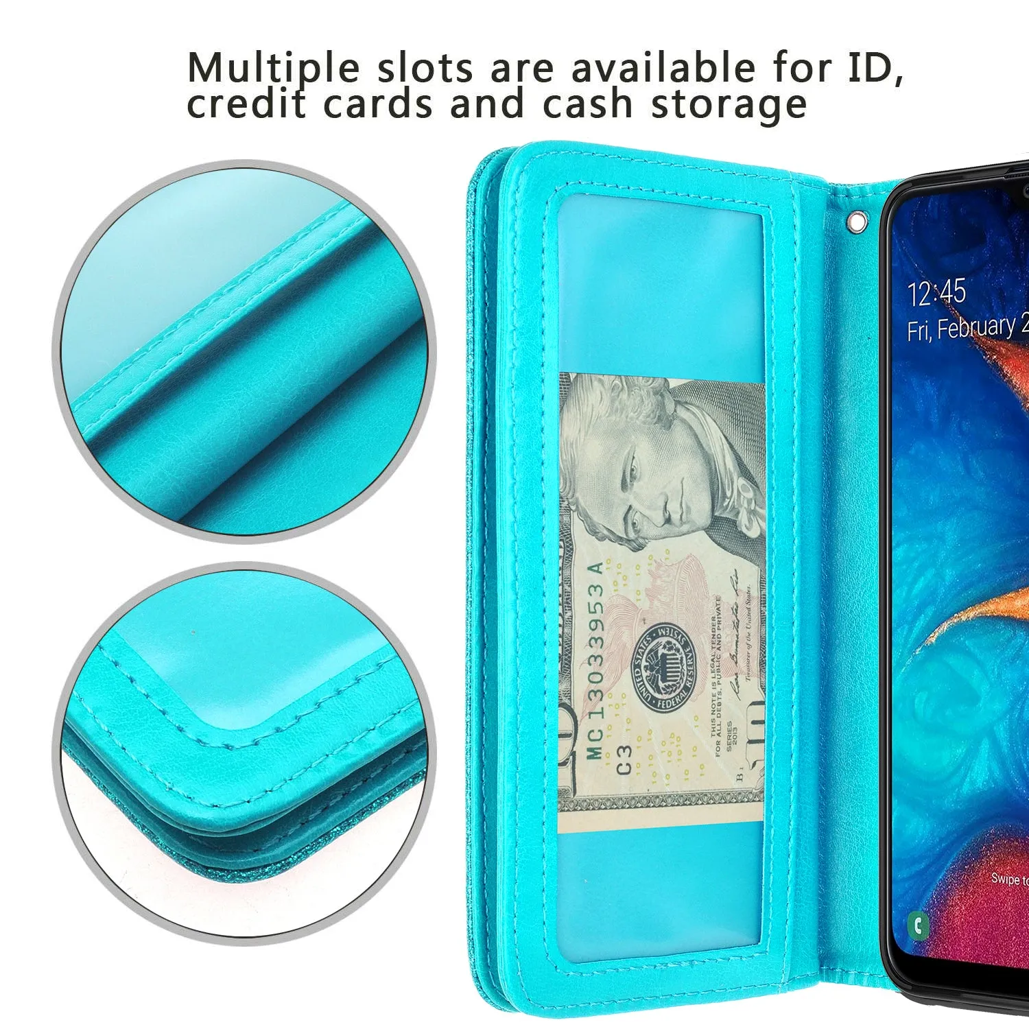 Samsung Galaxy A20 Case, Galaxy A20 Case, Glitter Faux Leather Flip Credit Card Holder Wrist Strap Shockproof Protective Wallet Case Clutch for Galaxy A20 - Teal