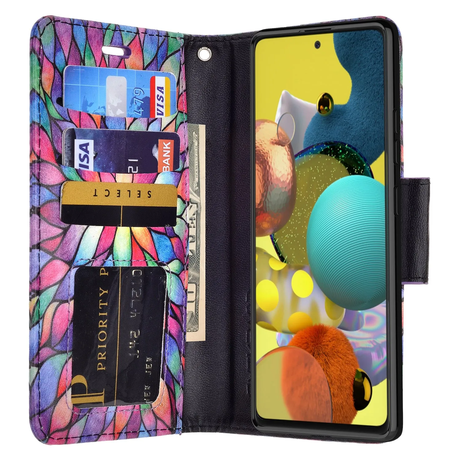 Samsung Galaxy A71 5G Case, Galaxy A71 5G Wallet Case, Wrist Strap Pu Leather Wallet Case [Kickstand] with ID & Credit Card Slots - Rainbow Flower