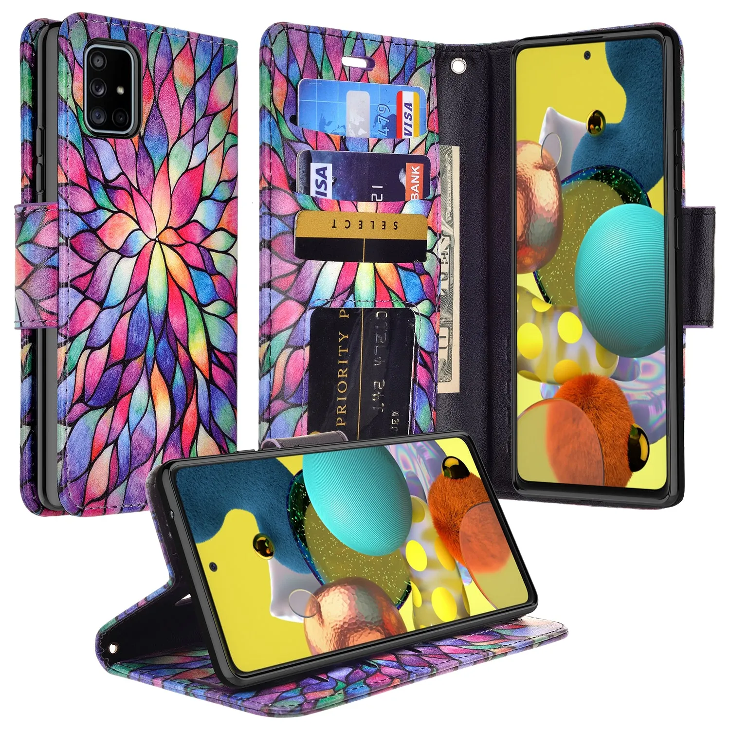 Samsung Galaxy A71 5G Case, Galaxy A71 5G Wallet Case, Wrist Strap Pu Leather Wallet Case [Kickstand] with ID & Credit Card Slots - Rainbow Flower