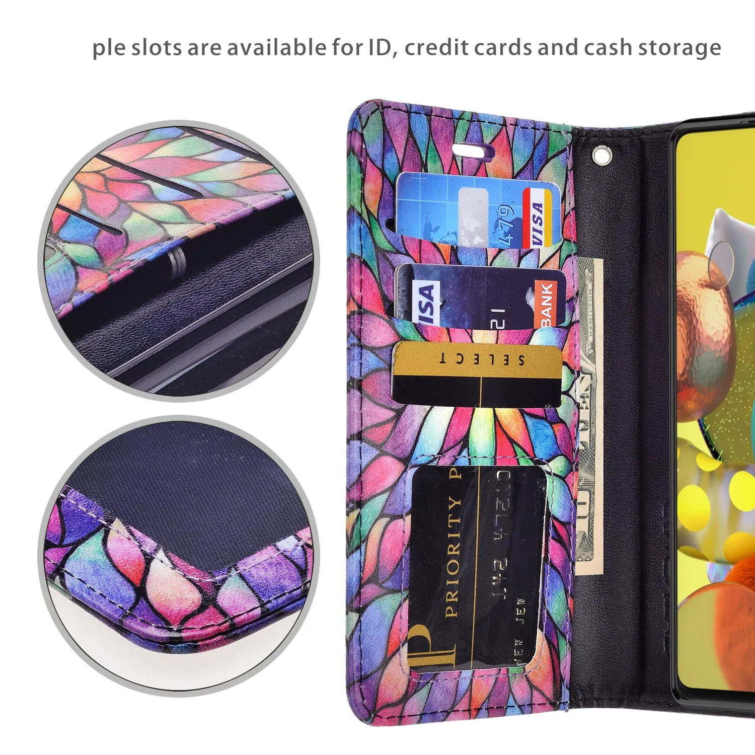 Samsung Galaxy A71 5G Case, Galaxy A71 5G Wallet Case, Wrist Strap Pu Leather Wallet Case [Kickstand] with ID & Credit Card Slots - Rainbow Flower