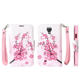 Samsung Galaxy S4 Case, Wrist Strap Magnetic Fold[Kickstand] Pu Leather Wallet Case with ID & Credit Card Slots for Samsung Galaxy S4 - Cherry Blossom