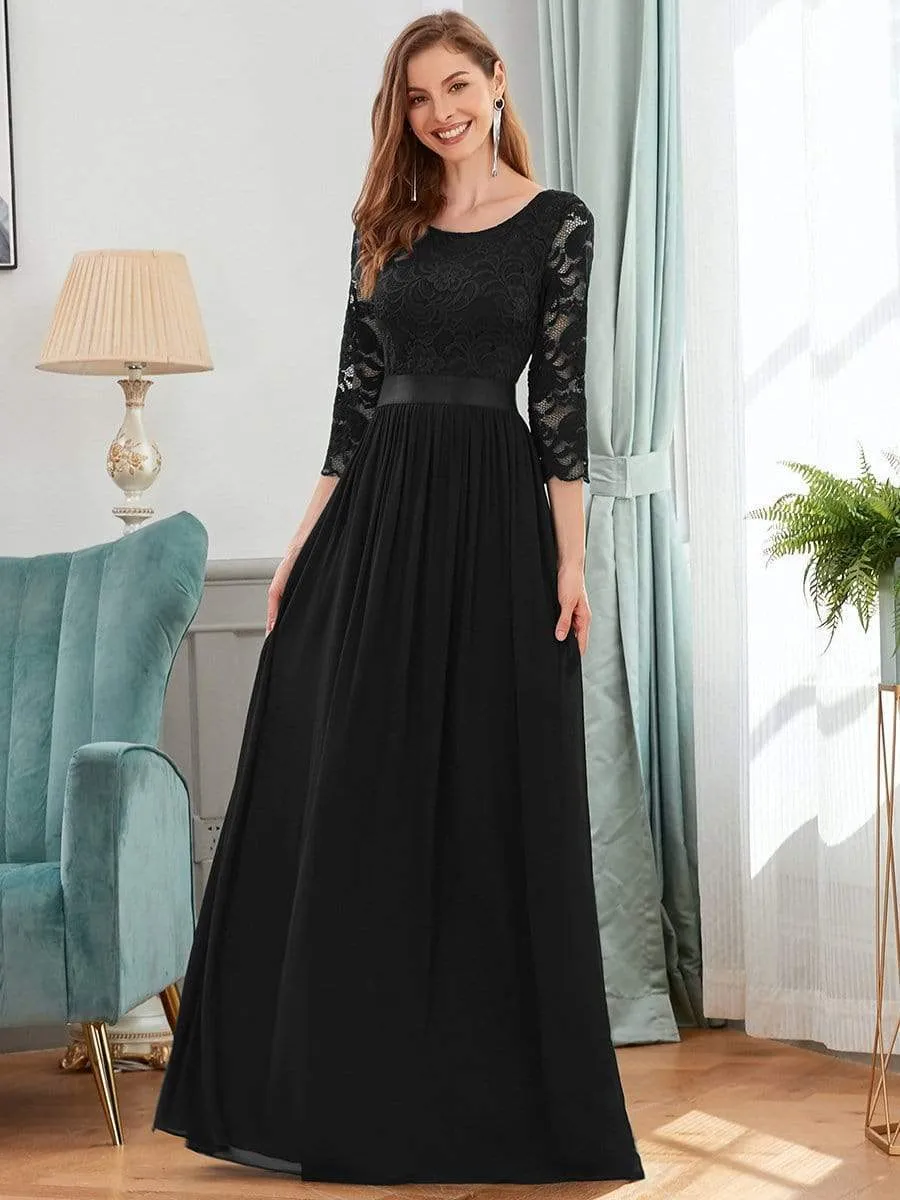 See-Through Floor Length Lace Chiffon Evening Dress with Half Sleeve