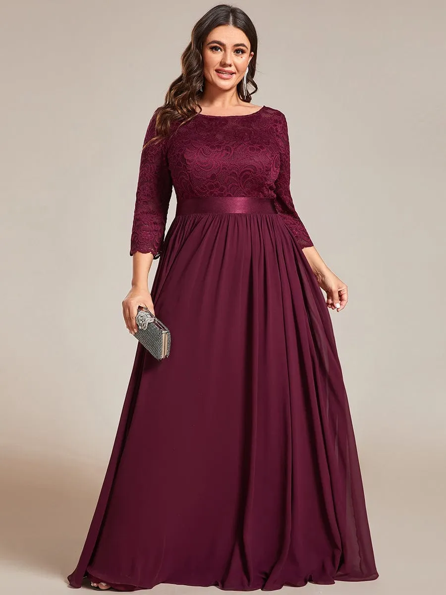 See-Through Floor Length Lace Chiffon Evening Dress with Half Sleeve